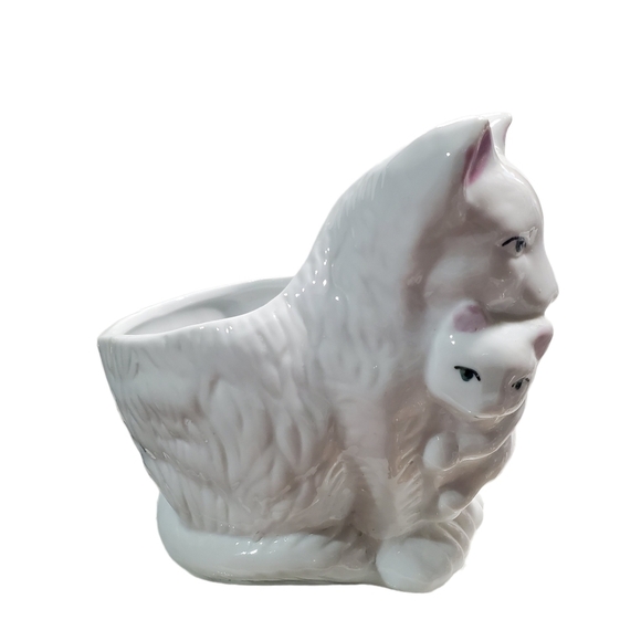 Vtg Mom and baby Kitty Cat planter ceramic high-gloss gree blue eyes - Picture 3 of 10
